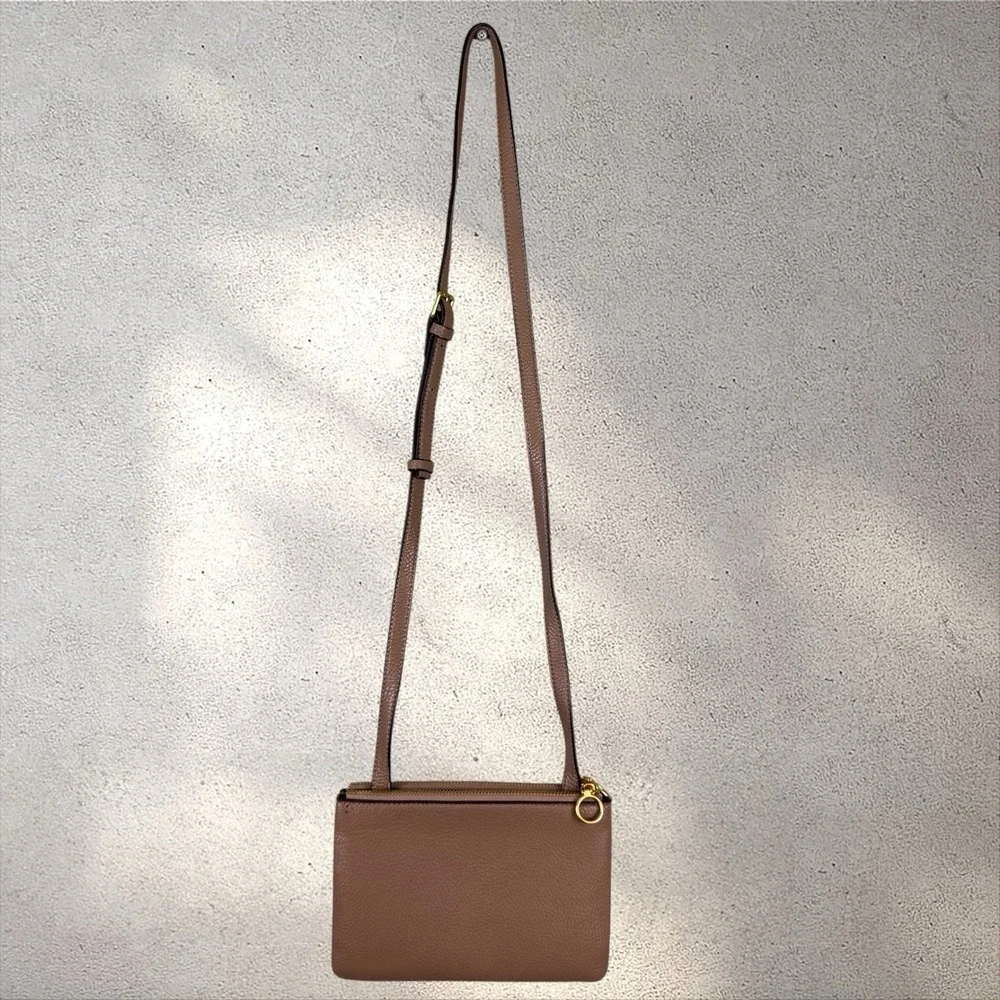 Tory Burch Perry Bombe Double Zip Brown Leather Crossbody Purse Bag